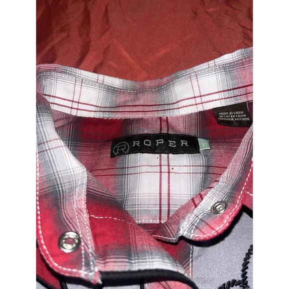 Roper Rodeo Red White Embroidered Pearl Snap Western Shirt Large Plaid 42" VTG - Picture 2 of 5